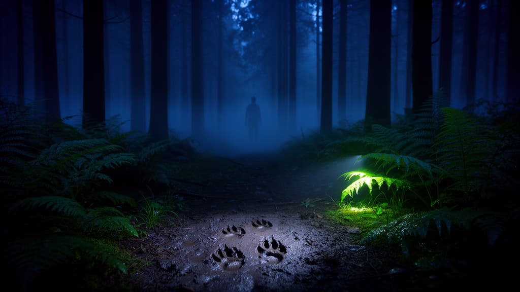 Forest trail and ambiguous tracks used as atmospheric artwork for regional folklore and fieldwork context.
