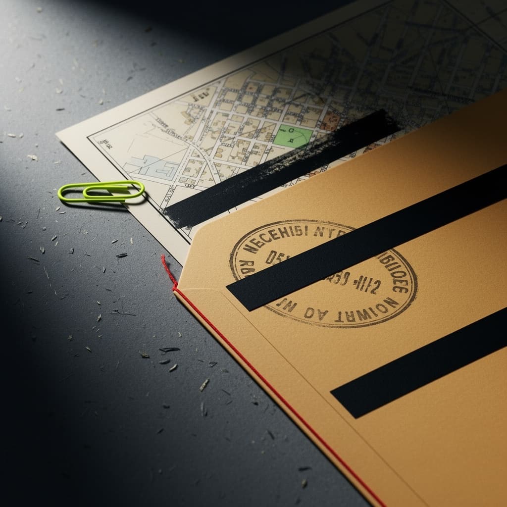 Public record and redaction detail used as atmospheric artwork for source provenance and disclosure practices.